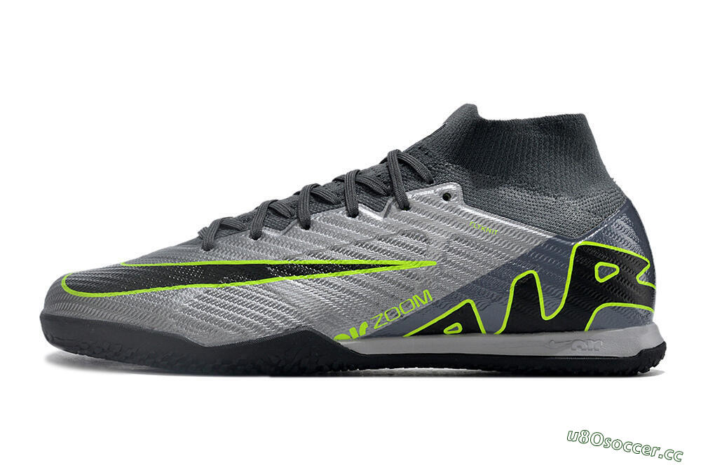 Men's Nike Air Zoom Mercurial Superfly 9 Elite IC Indoor & Futsal High-Tops Football Shoes - Silver/Grey/Black/Green 0