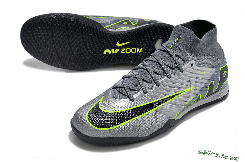 Men's Nike Air Zoom Mercurial Superfly 9 Elite IC Indoor & Futsal High-Tops Football Shoes - Silver/Grey/Black/Green 3