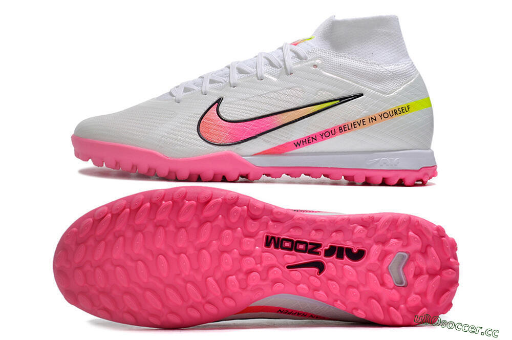 Men's Nike Air Zoom Mercurial Superfly 9 Elite TF Artificial Turf High-Tops Football Shoes - White/Pink/Black/Green 1