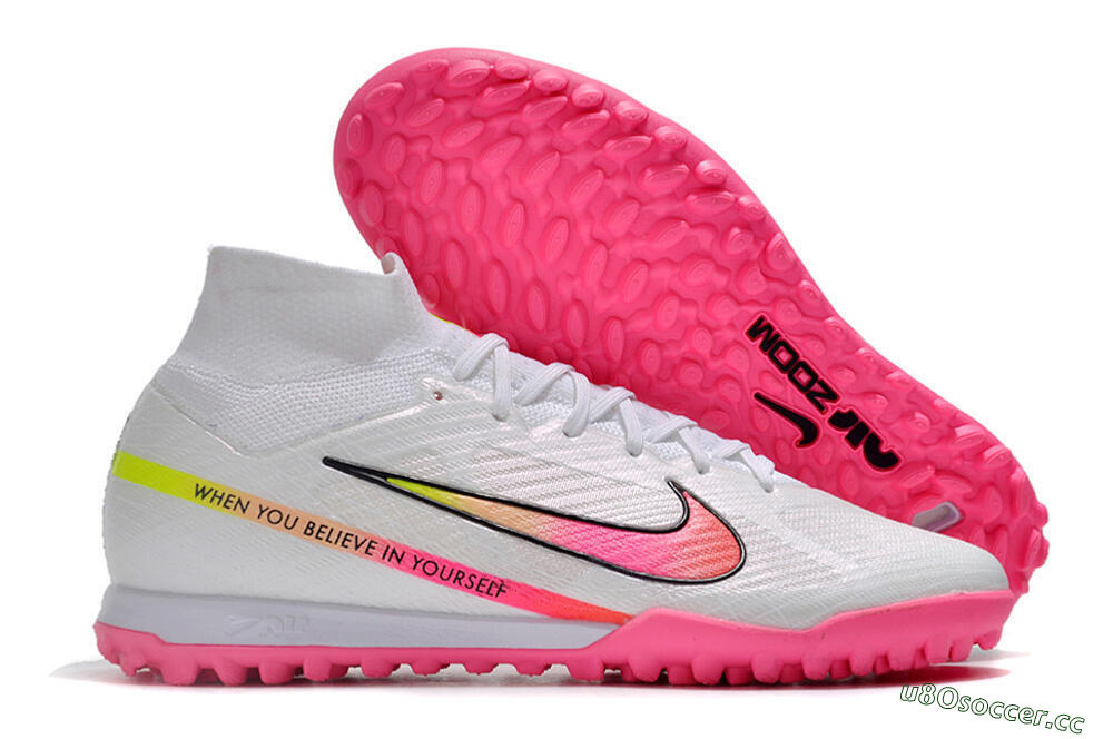 Men's Nike Air Zoom Mercurial Superfly 9 Elite TF Artificial Turf High-Tops Football Shoes - White/Pink/Black/Green 2