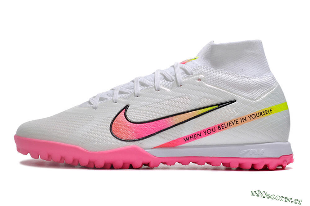Men's Nike Air Zoom Mercurial Superfly 9 Elite TF Artificial Turf High-Tops Football Shoes - White/Pink/Black/Green 0