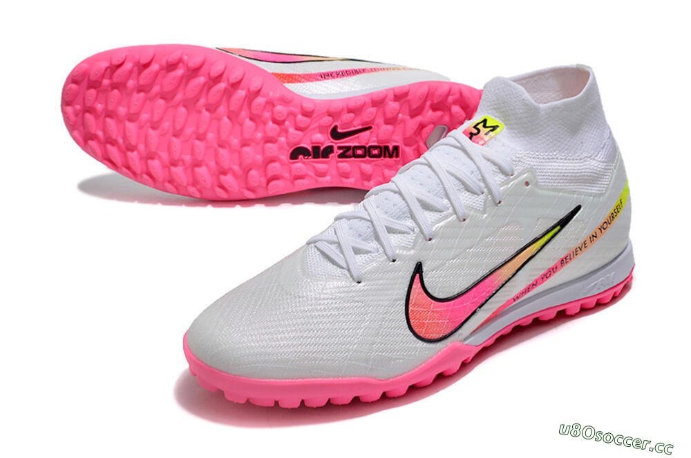Men's Nike Air Zoom Mercurial Superfly 9 Elite TF Artificial Turf High-Tops Football Shoes - White/Pink/Black/Green 3
