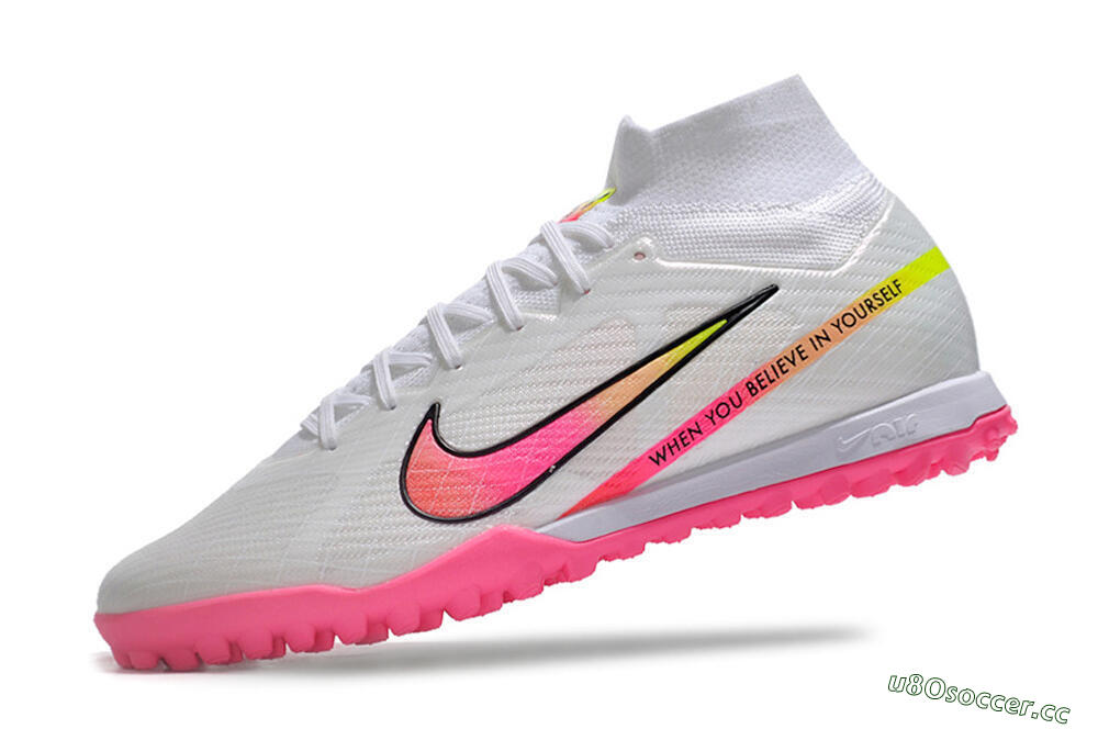 Men's Nike Air Zoom Mercurial Superfly 9 Elite TF Artificial Turf High-Tops Football Shoes - White/Pink/Black/Green 5