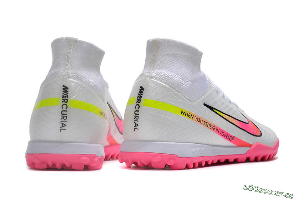 Men's Nike Air Zoom Mercurial Superfly 9 Elite TF Artificial Turf High-Tops Football Shoes - White/Pink/Black/Green 6