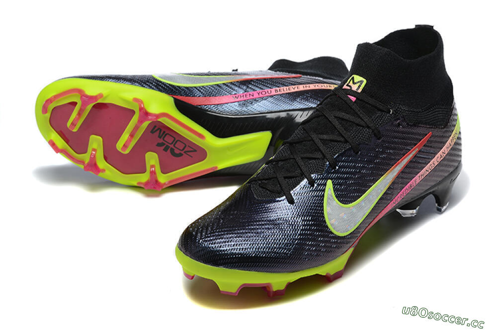 Men's Nike Air Zoom Mercurial Superfly 9 Elite FG Firm Ground High-Tops Football Boots - Black/Silver/Yellow/Pink 3