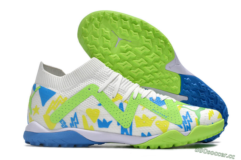 Men's Puma Future Ultimate TF Artificial Turf Low-Tops Football Shoes - White/Blue/Yellow/Green 2