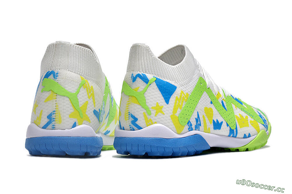 Men's Puma Future Ultimate TF Artificial Turf Low-Tops Football Shoes - White/Blue/Yellow/Green 6
