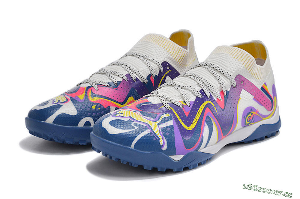 Men's Puma Future X Powercat Tokyo Match TF Artificial Turf Low-Tops Football Shoes - White/Purple/Blue/Yellow 5