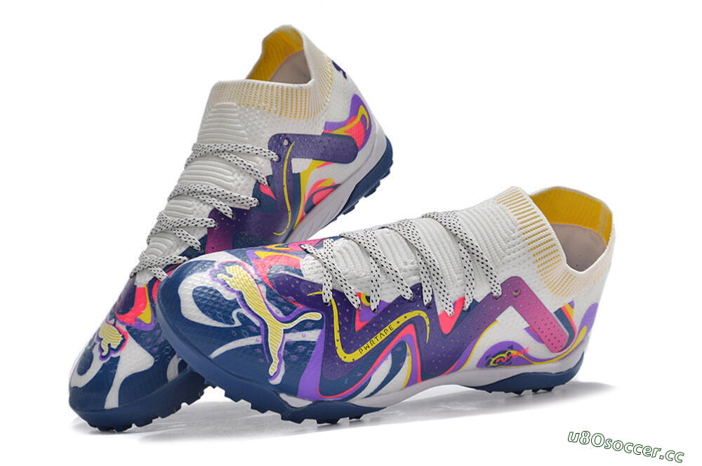 Men's Puma Future X Powercat Tokyo Match TF Artificial Turf Low-Tops Football Shoes - White/Purple/Blue/Yellow 6