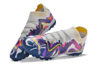 Men's Puma Future X Powercat Tokyo Match TF Artificial Turf Low-Tops Football Shoes - White/Purple/Blue/Yellow