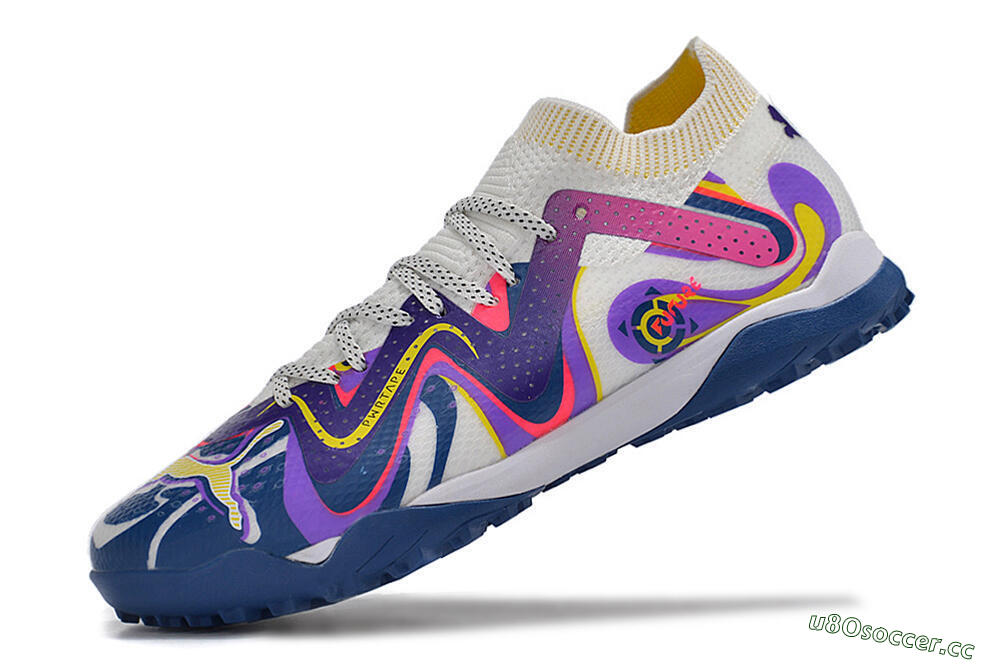 Men's Puma Future X Powercat Tokyo Match TF Artificial Turf Low-Tops Football Shoes - White/Purple/Blue/Yellow 8