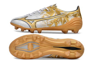 Men's Mizuno Morelia Alpha Made in Japan FG Firm Ground Low-Tops Football Boots - White/Gold/Black