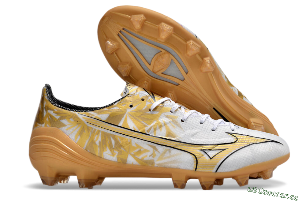 Men's Mizuno Morelia Alpha Made in Japan FG Firm Ground Low-Tops Football Boots - White/Gold/Black 2