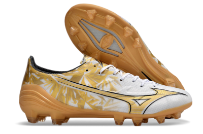 Men's Mizuno Morelia Alpha Made in Japan FG Firm Ground Low-Tops Football Boots - White/Gold/Black