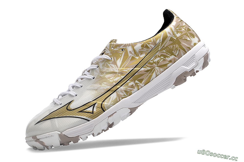 Men's Mizuno Morelia Alpha Made in Japan TF Artificial Turf Low-Tops Football Shoes - White/Black/Gold 5