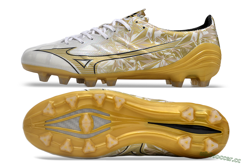 Men's Mizuno Morelia Alpha Made in Japan FG Firm Ground Low-Tops Football Boots - White/Black/Gold 1