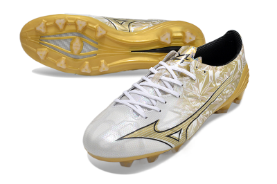 Men's Mizuno Morelia Alpha Made in Japan FG Firm Ground Low-Tops Football Boots - White/Black/Gold