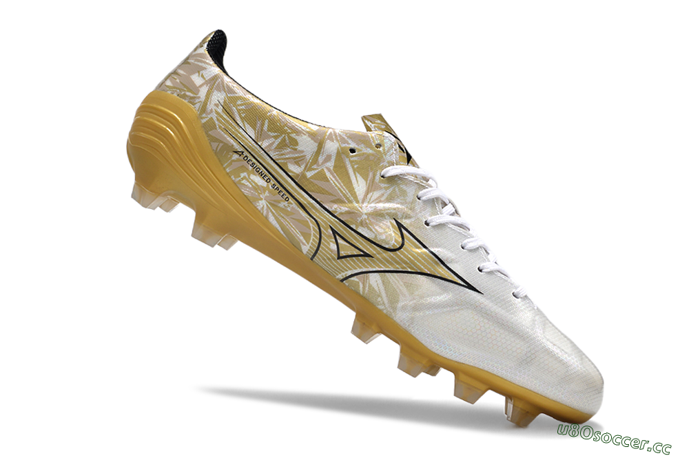 Men's Mizuno Morelia Alpha Made in Japan FG Firm Ground Low-Tops Football Boots - White/Black/Gold 4