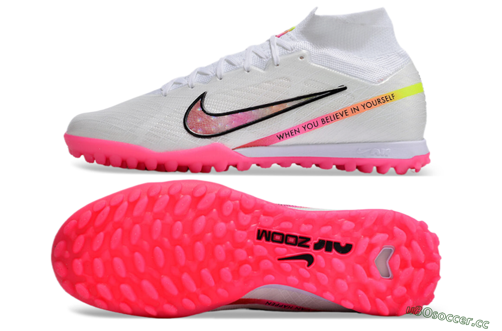 Men's Nike Air Zoom Mercurial Superfly 9 Elite TF Artificial Turf High-Tops Football Shoes - White/Pink/Black/Yellow 1