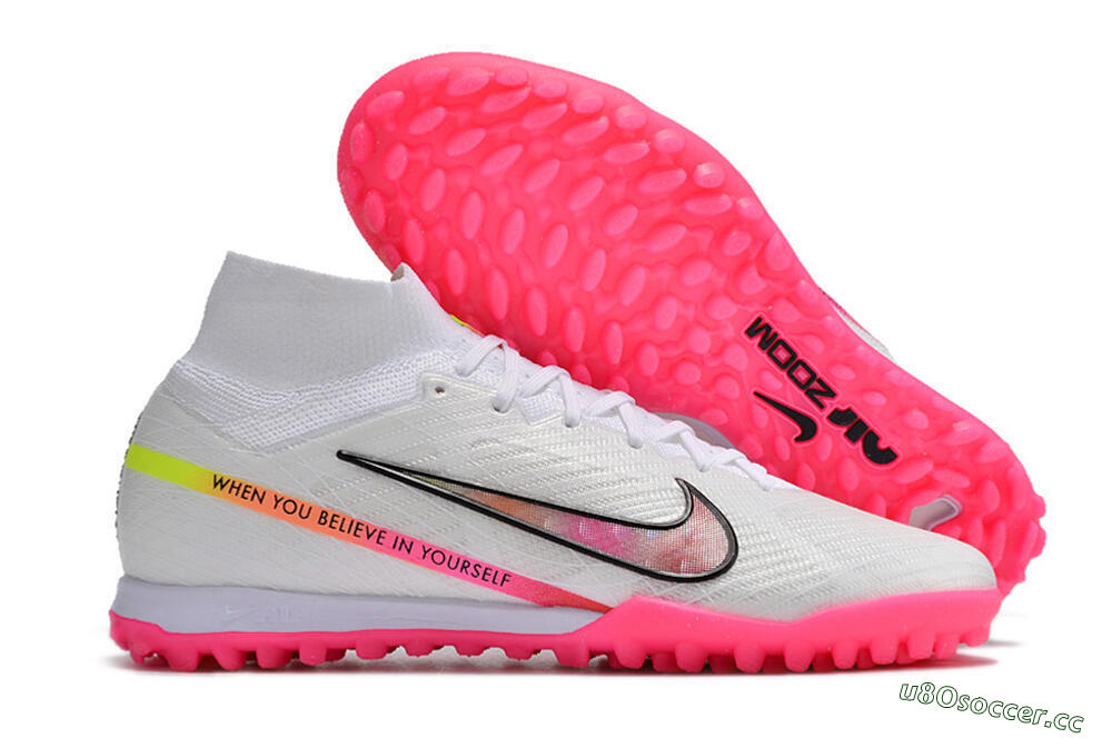 Men's Nike Air Zoom Mercurial Superfly 9 Elite TF Artificial Turf High-Tops Football Shoes - White/Pink/Black/Yellow 2