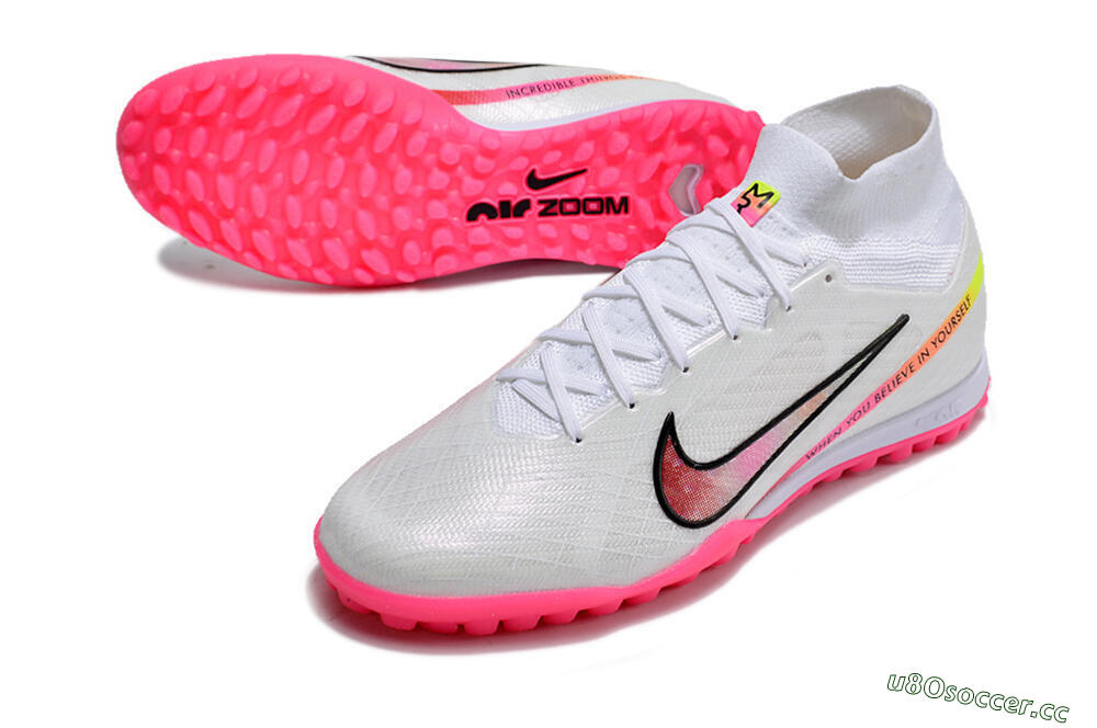 Men's Nike Air Zoom Mercurial Superfly 9 Elite TF Artificial Turf High-Tops Football Shoes - White/Pink/Black/Yellow 3
