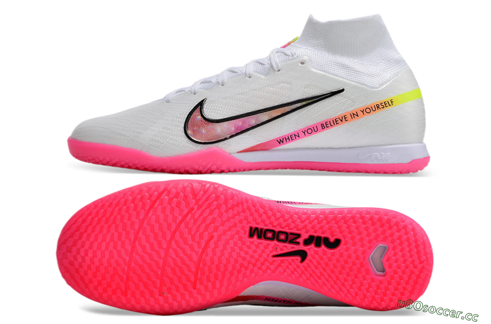 Men's Nike Air Zoom Mercurial Superfly 9 Elite IC Indoor & Futsal High-Tops Football Shoes - White/Pink/Black/Yellow 1