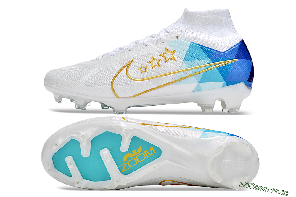 Unisex Nike Air Zoom Mercurial Superfly 9 Elite FG Firm Ground High-Tops Football Boots - White/Blue/Gold 1