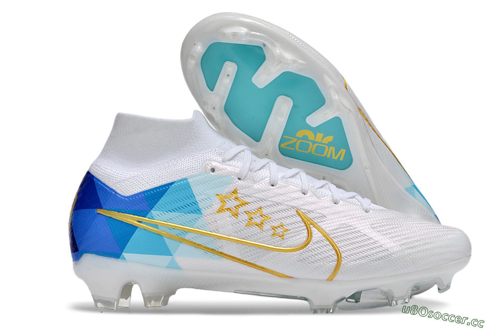 Unisex Nike Air Zoom Mercurial Superfly 9 Elite FG Firm Ground High-Tops Football Boots - White/Blue/Gold 2