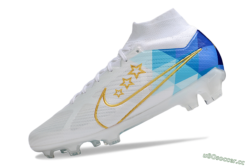 Unisex Nike Air Zoom Mercurial Superfly 9 Elite FG Firm Ground High-Tops Football Boots - White/Blue/Gold 5