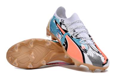 Men's Puma Ultra Ultimate FG Firm Ground Low-Tops Football Boots - White/Black/Blue/Orange