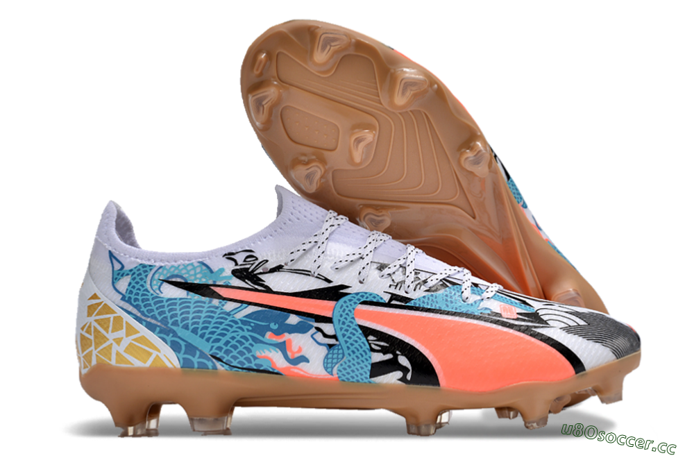 Men's Puma Ultra Ultimate FG Firm Ground Low-Tops Football Boots - White/Black/Blue/Orange 2