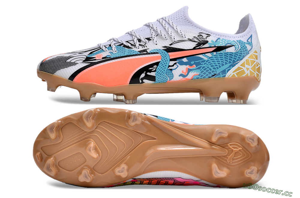 Men's Puma Ultra Ultimate FG Firm Ground Low-Tops Football Boots - White/Black/Blue/Orange 1