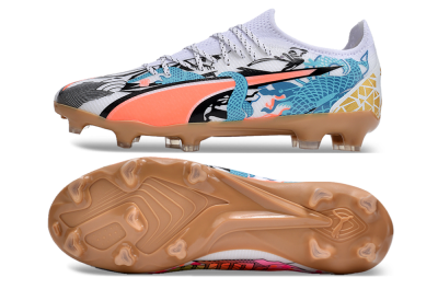 Men's Puma Ultra Ultimate FG Firm Ground Low-Tops Football Boots - White/Black/Blue/Orange