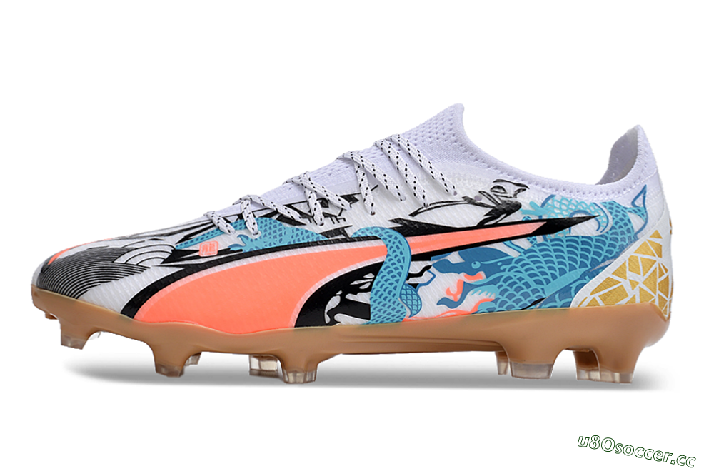 Men's Puma Ultra Ultimate FG Firm Ground Low-Tops Football Boots - White/Black/Blue/Orange 0