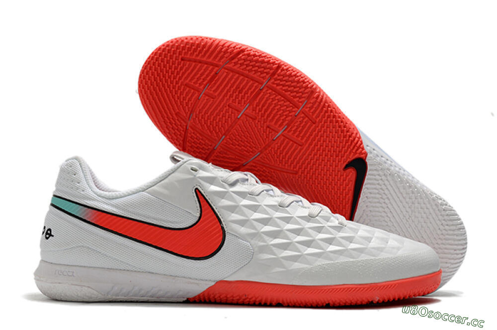 Men's NIke Tiempo Lunar Legend 8 Pro IC Indoor & Futsal Low-Tops Football Shoes - White/Red/Jade 2