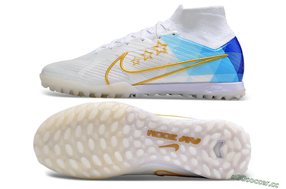 Men's Nike Air Zoom Mercurial Superfly 9 Elite TF Artificial Turf High-Tops Football Shoes - White/Gold/Blue 1