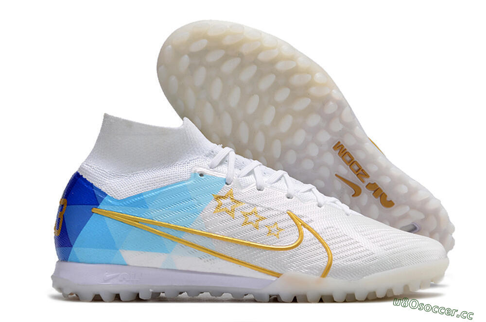 Men's Nike Air Zoom Mercurial Superfly 9 Elite TF Artificial Turf High-Tops Football Shoes - White/Gold/Blue 2