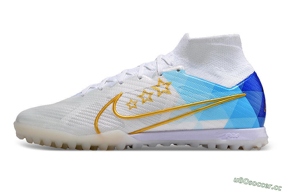Men's Nike Air Zoom Mercurial Superfly 9 Elite TF Artificial Turf High-Tops Football Shoes - White/Gold/Blue 0