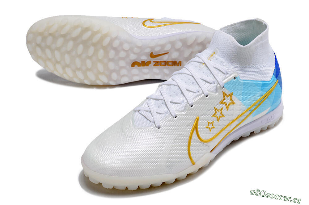 Men's Nike Air Zoom Mercurial Superfly 9 Elite TF Artificial Turf High-Tops Football Shoes - White/Gold/Blue 3