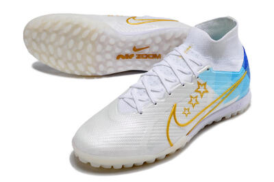 Men's Nike Air Zoom Mercurial Superfly 9 Elite TF Artificial Turf High-Tops Football Shoes - White/Gold/Blue