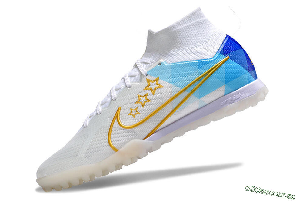 Men's Nike Air Zoom Mercurial Superfly 9 Elite TF Artificial Turf High-Tops Football Shoes - White/Gold/Blue 5