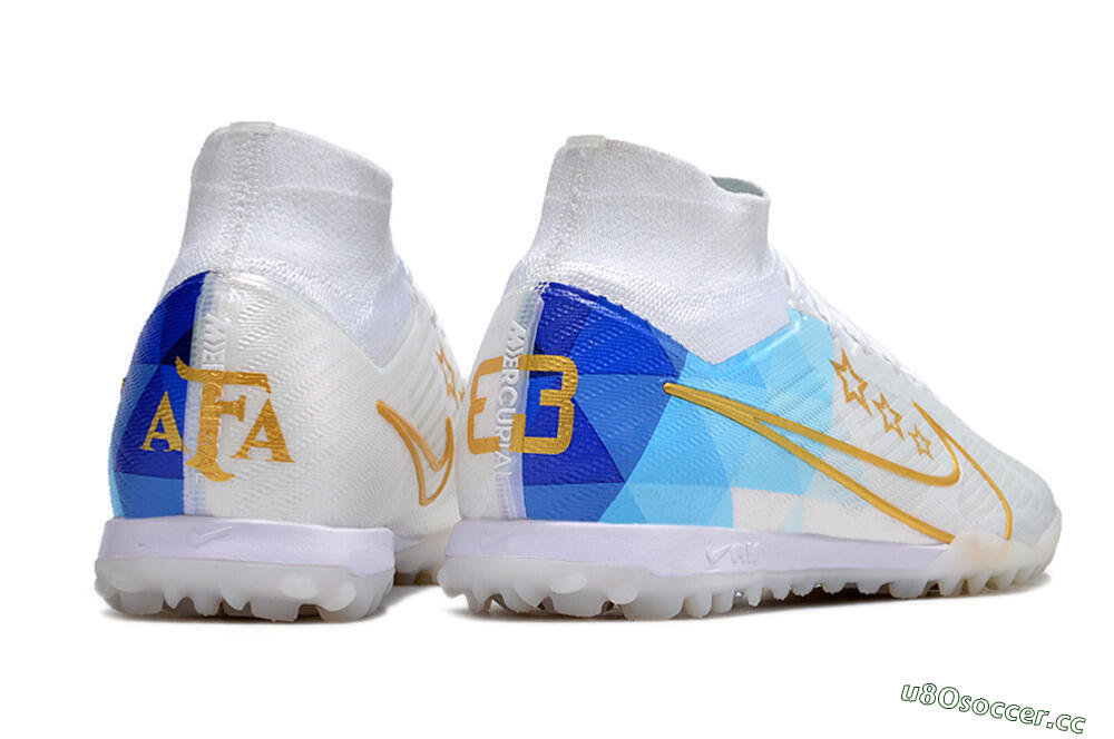 Men's Nike Air Zoom Mercurial Superfly 9 Elite TF Artificial Turf High-Tops Football Shoes - White/Gold/Blue 6
