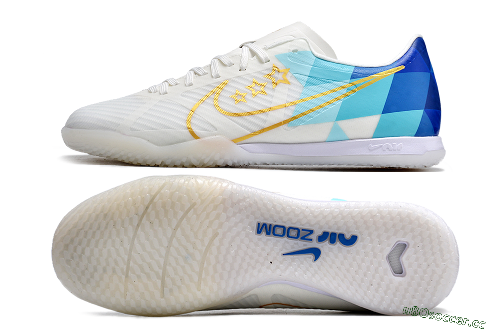 Men's Nike Air Zoom Mercurial Vapor 15 Academy IC Indoor & Futsal Low-Tops Football Shoes - White/Gold/Jade/Blue 1