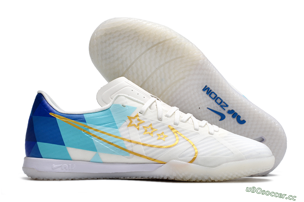 Men's Nike Air Zoom Mercurial Vapor 15 Academy IC Indoor & Futsal Low-Tops Football Shoes - White/Gold/Jade/Blue 2
