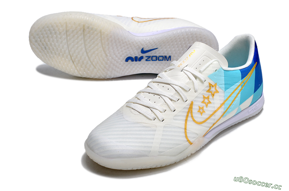 Men's Nike Air Zoom Mercurial Vapor 15 Academy IC Indoor & Futsal Low-Tops Football Shoes - White/Gold/Jade/Blue 3