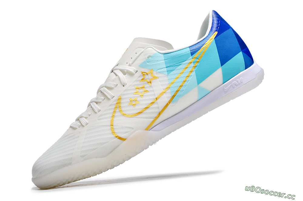 Men's Nike Air Zoom Mercurial Vapor 15 Academy IC Indoor & Futsal Low-Tops Football Shoes - White/Gold/Jade/Blue 5