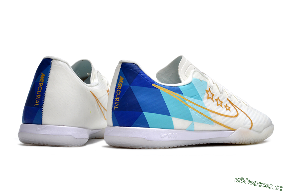 Men's Nike Air Zoom Mercurial Vapor 15 Academy IC Indoor & Futsal Low-Tops Football Shoes - White/Gold/Jade/Blue 6