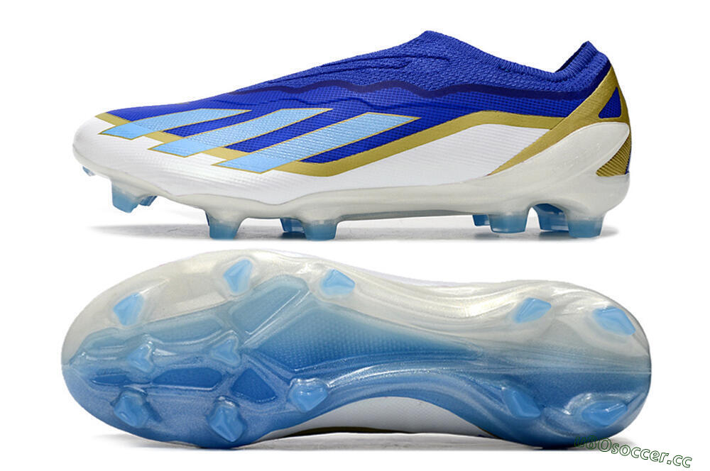 Men's Adidas X Crazyfast.1 Laceless FG Firm Ground Low-Tops Football Boots - Blue/White/Gold 1