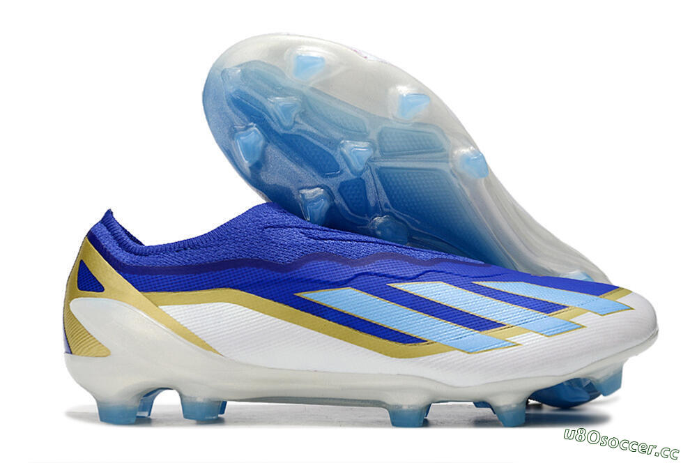 Men's Adidas X Crazyfast.1 Laceless FG Firm Ground Low-Tops Football Boots - Blue/White/Gold 2