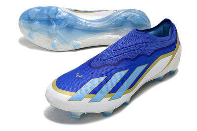 Men's Adidas X Crazyfast.1 Laceless FG Firm Ground Low-Tops Football Boots - Blue/White/Gold